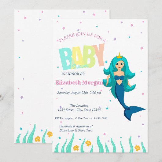 Invitation Sous la mer, le Baby shower de sirène (Devant / Derrière)