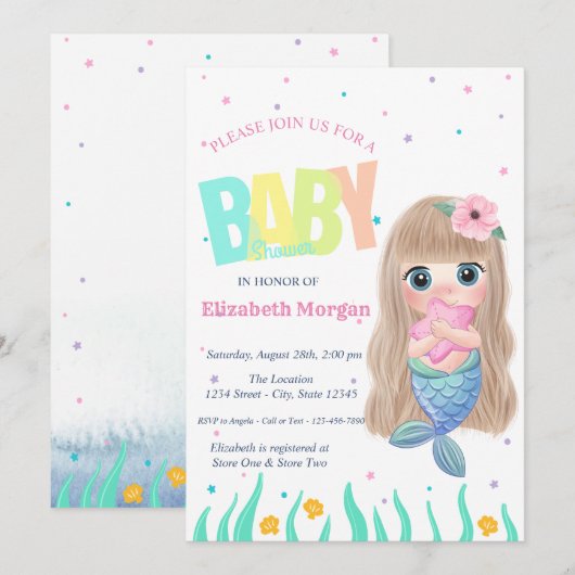 Invitation Sous la mer, Mermaid Seashell Star Baby shower (Devant / Derrière)