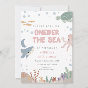 Invitation Sous la mer Mignon Fille Rose Aquarelle 1er Annive