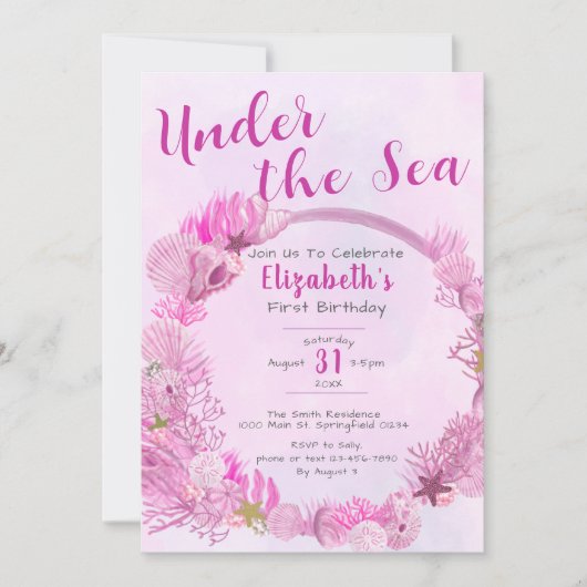 Invitation Sous la mer mignonne rose fille 1er anniversaire f (Devant)