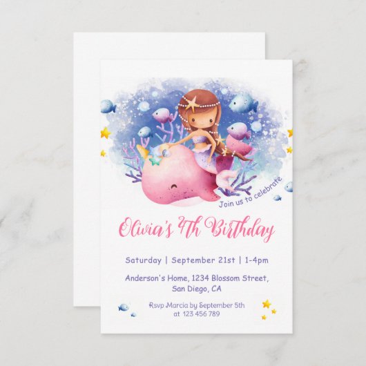 Invitation Sous la mer, mignonne Sirène Anniversaire (Devant / Derrière)