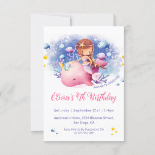 Invitation Sous la mer, mignonne Sirène Anniversaire