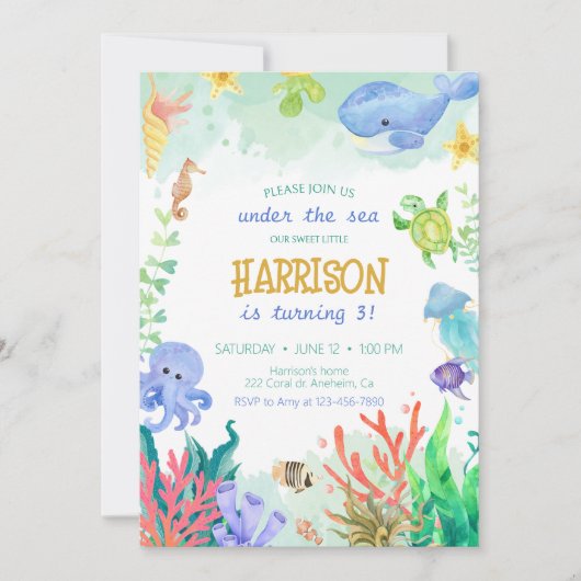 Invitation Sous la mer Nautique Turtle Birthday Invit (Devant)