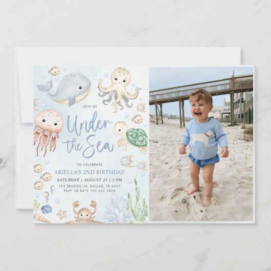 Invitation Sous la mer Océan Animaux Fête d'anniversaire Phot (Devant)