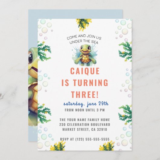 Invitation Sous la mer Ocean Turtle Boys fête d'anniversaire (Devant / Derrière)