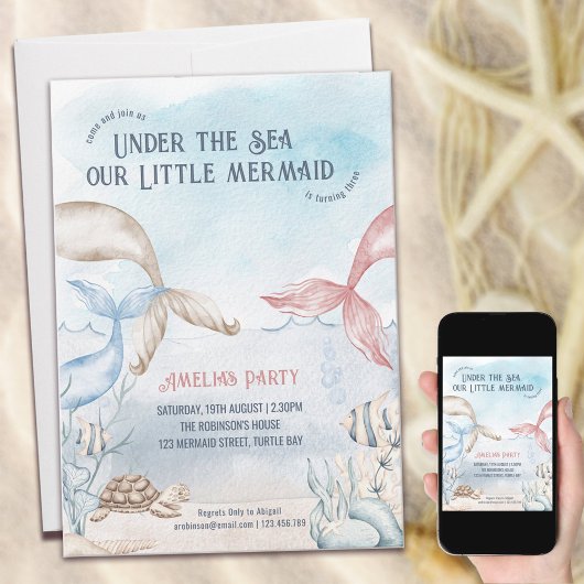 Invitation Sous la mer Petite Sirène aquarelle Anniversaire