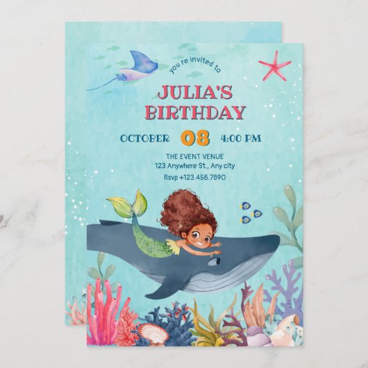 Invitation Sous la mer, petite sirène et anniversaire de bale (Devant / Derrière)