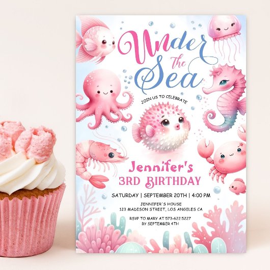 Invitation Sous La Mer ! Pink Cute Ocean Girl 3e anniversaire