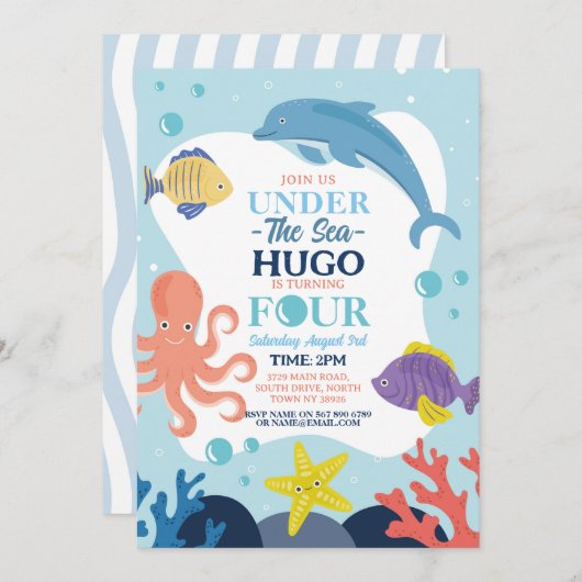 Invitation Sous la mer Quatre Océan Dolphin Octopus 4e (Devant / Derrière)