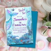 Invitation Sous la mer sirène bleu & violet 1er anniversaire