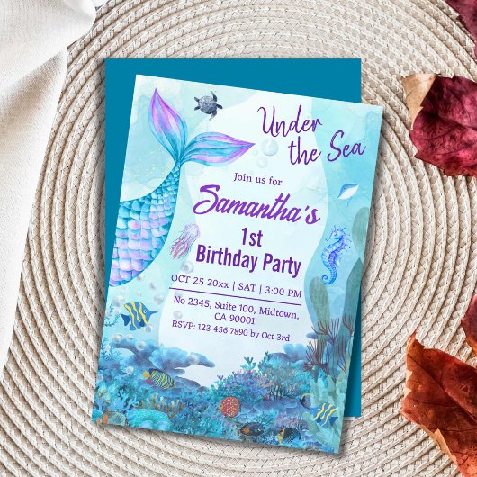 Invitation Sous la mer sirène bleu & violet 1er anniversaire