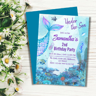Invitation Sous la mer sirène bleu & violet 2e anniversaire