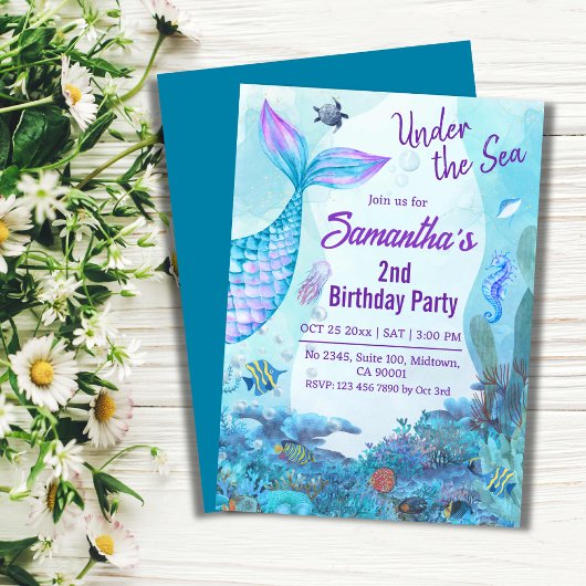 Invitation Sous la mer sirène bleu & violet 2e anniversaire