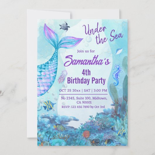 Invitation Sous la mer sirène bleu & violet 4e anniversaire (Devant)
