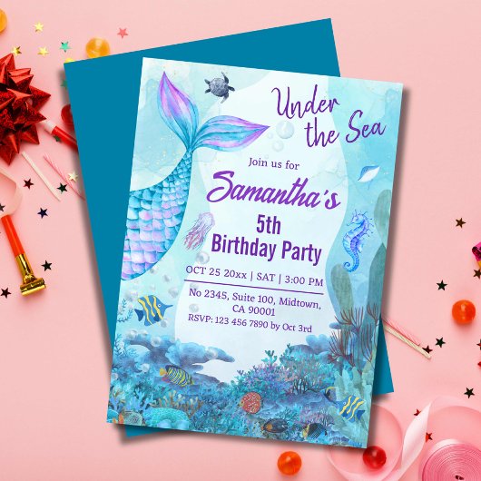 Invitation Sous la mer sirène bleu & violet 5e anniversaire