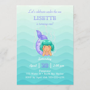 Invitation Sous la mer Sirène Bulles Petite Fille
