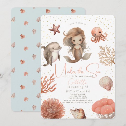 Invitation Sous la mer Sirène de mer Aquarelle Anniversaire (Devant / Derrière)