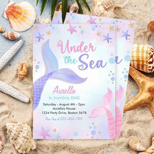 Invitation Sous la mer Sirène fille 1er anniversaire fête