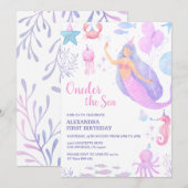 Invitation Sous la mer Sirène fille 1er Anniversaire Pastel (Devant / Derrière)