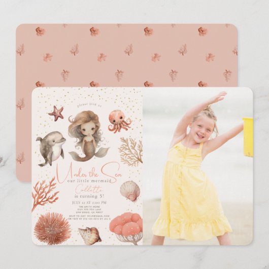 Invitation Sous la mer Sirène Mer rose Anniversaire Photo (Devant / Derrière)
