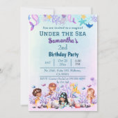 Invitation Sous la mer sirène mignonne enfants bleu 2e annive (Devant)