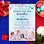 Invitation Sous la mer sirène mignonne enfants bleu 2e annive