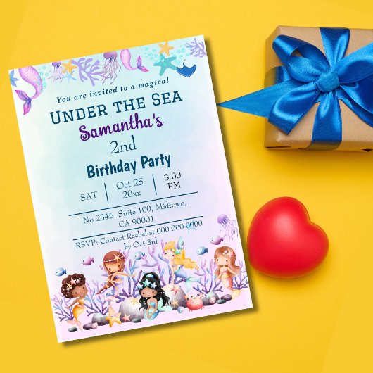 Invitation Sous la mer sirène mignonne enfants bleu 2e annive