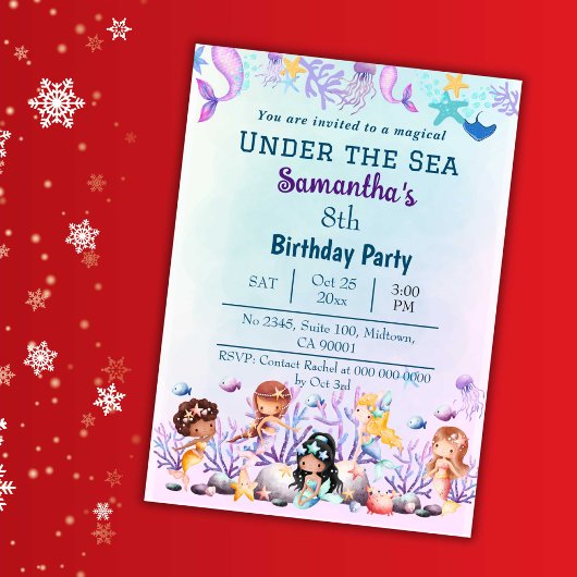 Invitation Sous la mer sirène mignonne enfants bleu 8e annive