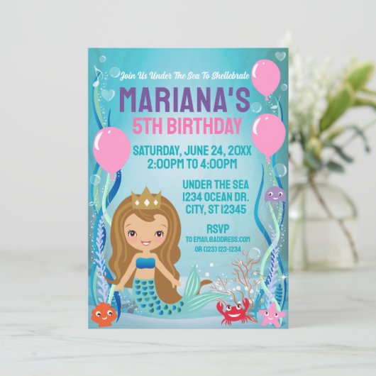 Invitation Sous la mer Sirène Princesse (doré/clair) (Debout devant)