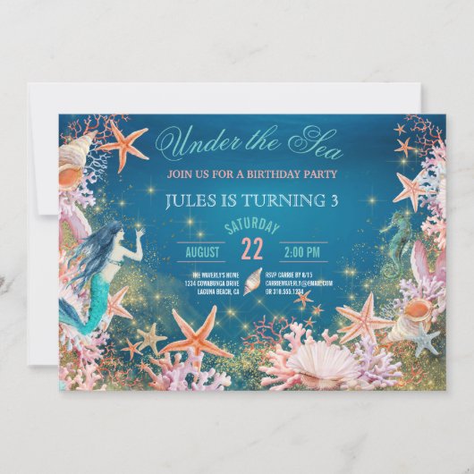 Invitation Sous la mer Sirène Seahorse Seashells Anniversaire (Devant)