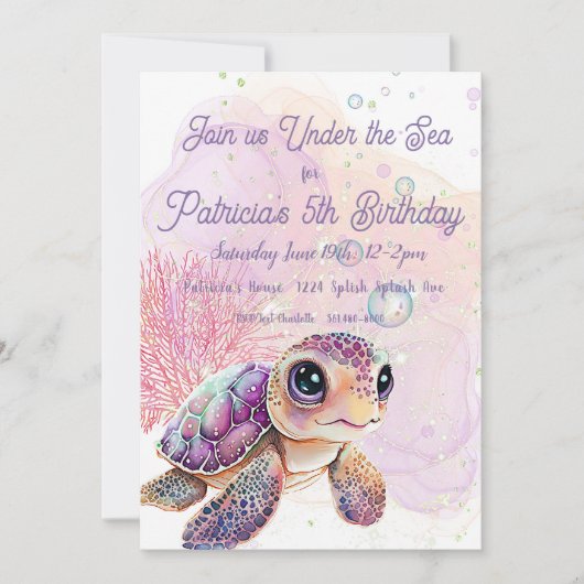Invitation Sous la mer, Tortue 5e anniversaire, (Devant)