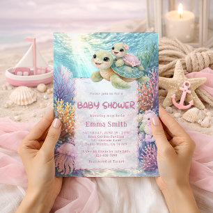 Invitation Sous la mer Tortue maman et bébé Fille Baby Shower