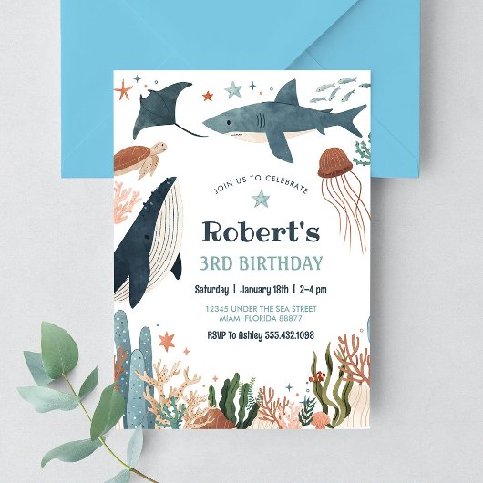 Invitation Sous la mer Tortue requin 1er anniversaire