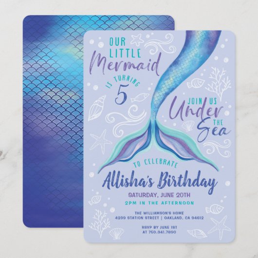 Invitation Sous la sirène d'eau couleur bleu océanique (Devant / Derrière)
