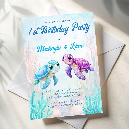 Invitation Sous la tortue de mer aqua bleu jumeaux anniversai