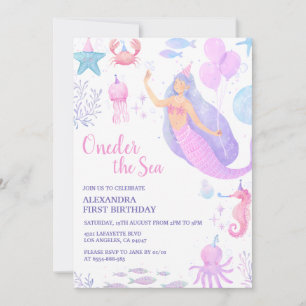 Invitation Sous l'anniversaire de 1 an de la fille sirène pas