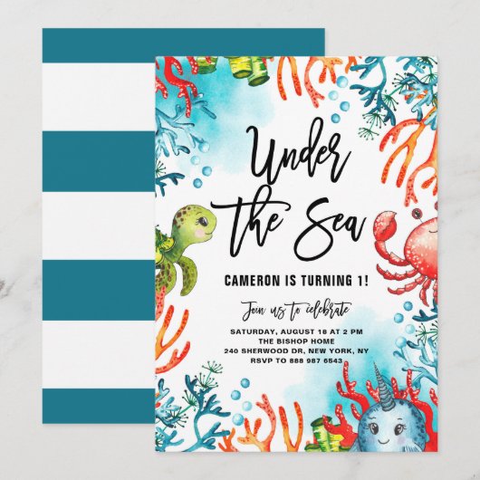 Invitation Sous l'Anniversaire de enfant des Amis de l'aquare (Devant / Derrière)