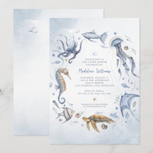 Invitation Sous l'aquarelle de la mer Baby shower d'animaux m (Devant / Derrière)