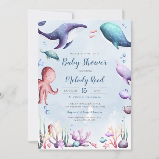 Invitation Sous l'aquarelle de la mer Baby shower d'animaux m (Devant)