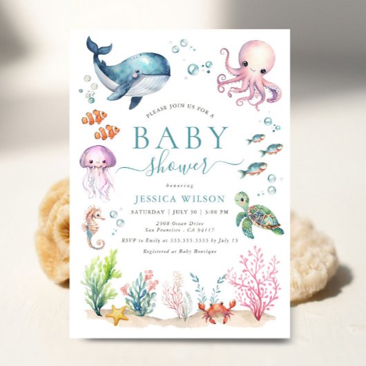 Invitation Sous l'Aquarelle de la mer Baby shower d'animaux m