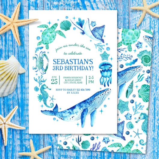 Invitation Sous l'aquarelle de la mer Créatures de la mer Ble