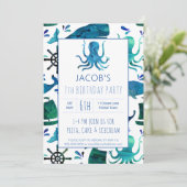 Invitation Sous l'aquarelle de la mer Enfants pieuvre Anniver (Debout devant)