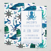 Invitation Sous l'aquarelle de la mer Enfants pieuvre Anniver (Devant / Derrière)