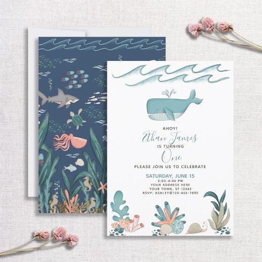 Invitation Sous l'aquarelle de mer Baleine 1er anniversaire S