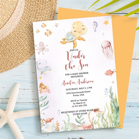 Invitation Sous l'Aquarelle de mer orange et Baby shower rose