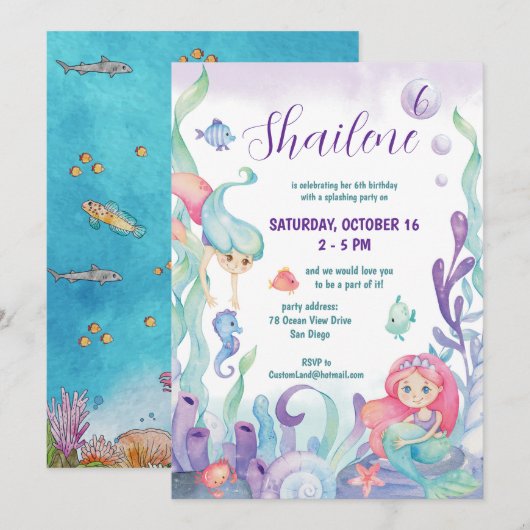 Invitation Sous l'aquarelle marine Fête d'anniversaire de la  (Devant / Derrière)