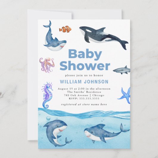 Invitation Sous le Baby shower d'animaux de l'océan marin (Devant)