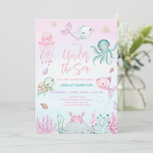Invitation Sous le Baby shower d'animaux marins (Debout devant)