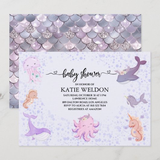 Invitation Sous le Baby shower d'animaux pour bébés de la mer (Devant / Derrière)