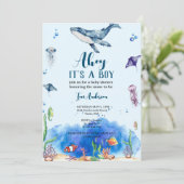 Invitation Sous le Baby shower d'aquarelle bleu marine pour g (Debout devant)